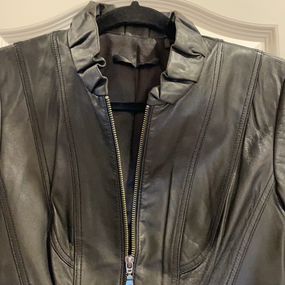 Tahari Leather Jacket with ruffle neck - Picture 2 of 6